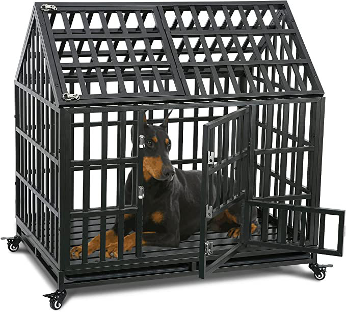 Dog Crate Cage Metal Frame Dog Kennel for Middle to Large Size Pets with 4 Lockable Wheels Black Tucker Murphy Pet